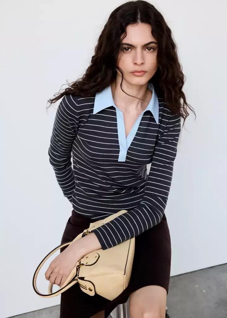 Grey Fitted Striped Jersey With Shirt Collar, Medium Grey, large image number 1