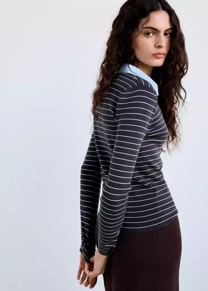 Grey Fitted Striped Jersey With Shirt Collar, Medium Grey, medium