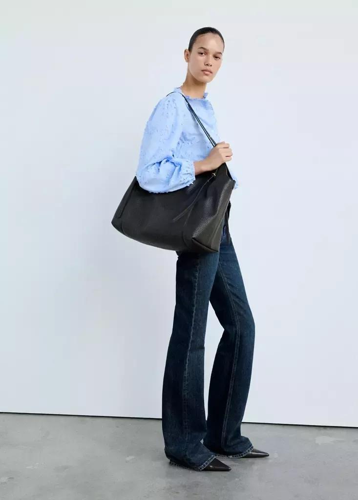 Blue Embroidered Blouse With Frill Detail, , medium