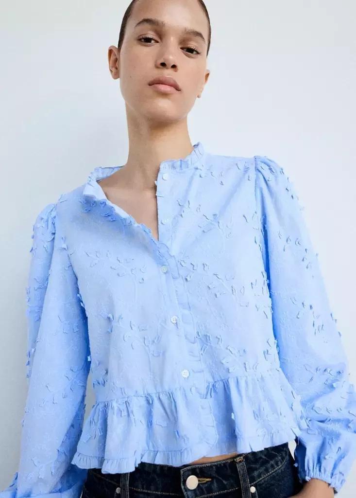 Blue Embroidered Blouse With Frill Detail, , large image number 1