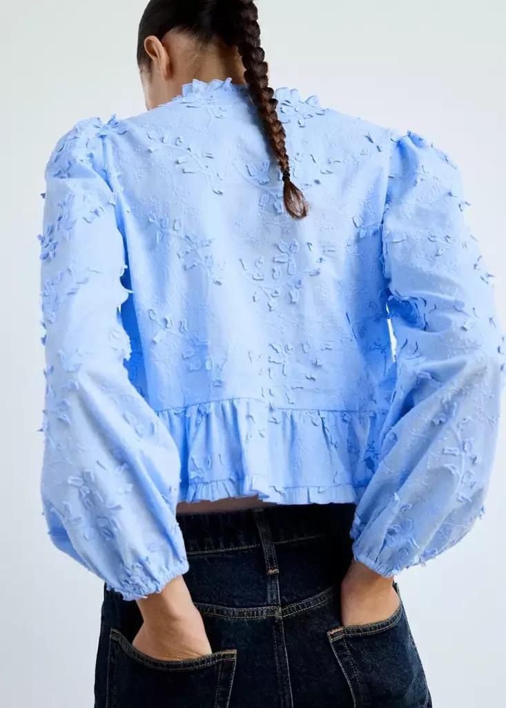 Blue Embroidered Blouse With Frill Detail, , medium
