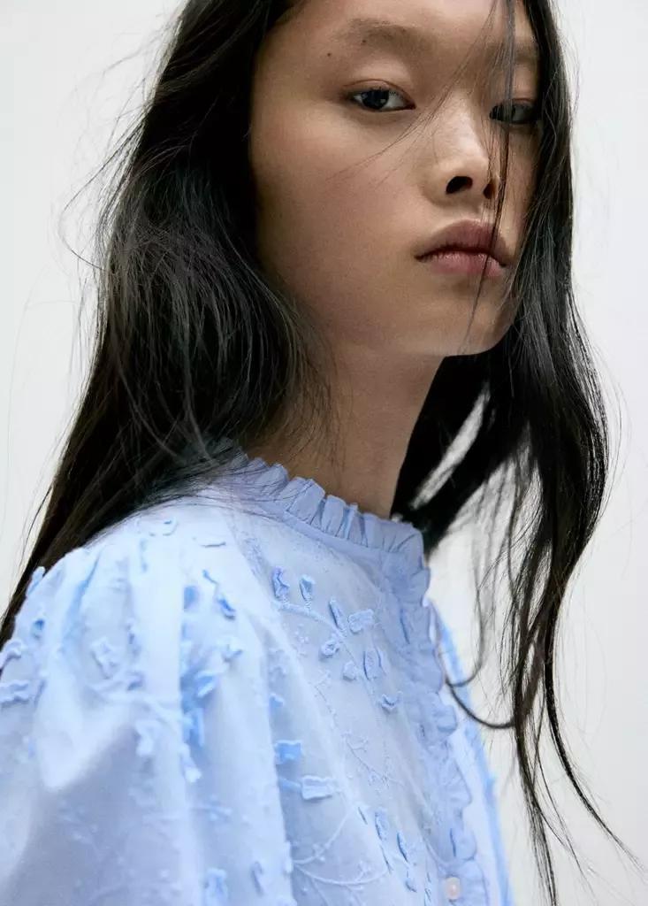 Blue Embroidered Blouse With Frill Detail, , large image number 3