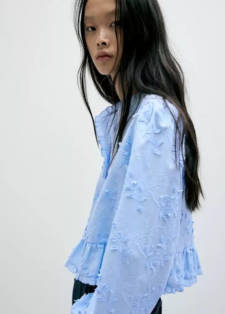 Blue Embroidered Blouse With Frill Detail, , large image number 4