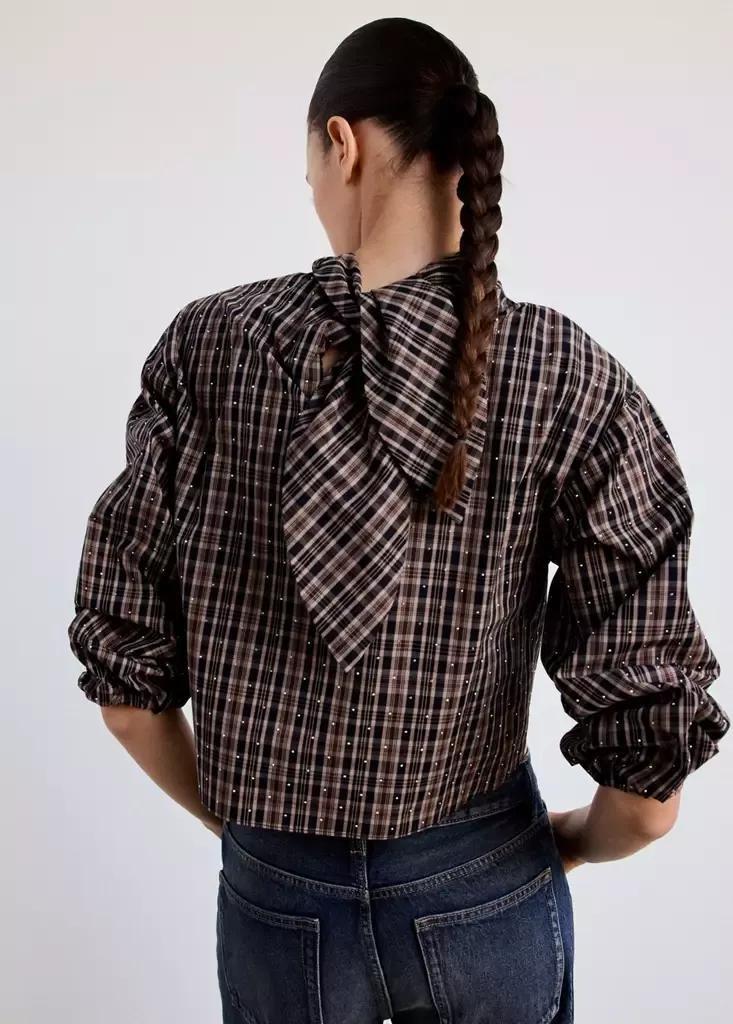 Brown Checked Blouse With Rhinestones, Brown, medium