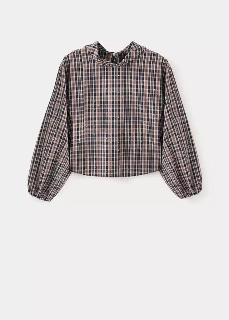 Brown Checked Blouse With Rhinestones, Brown, large image number 4
