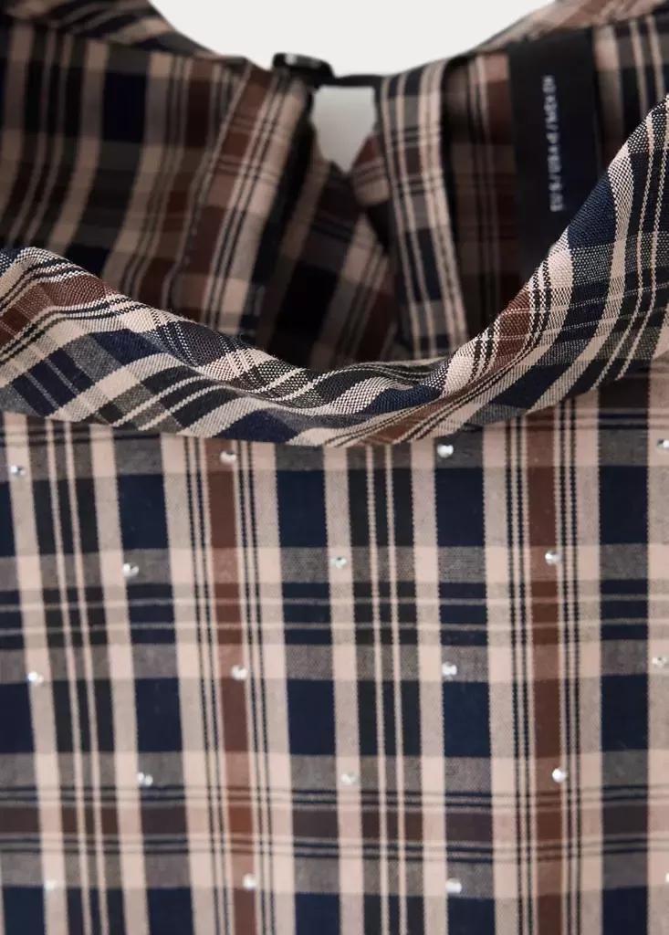 Brown Checked Blouse With Rhinestones, Brown, large image number 5