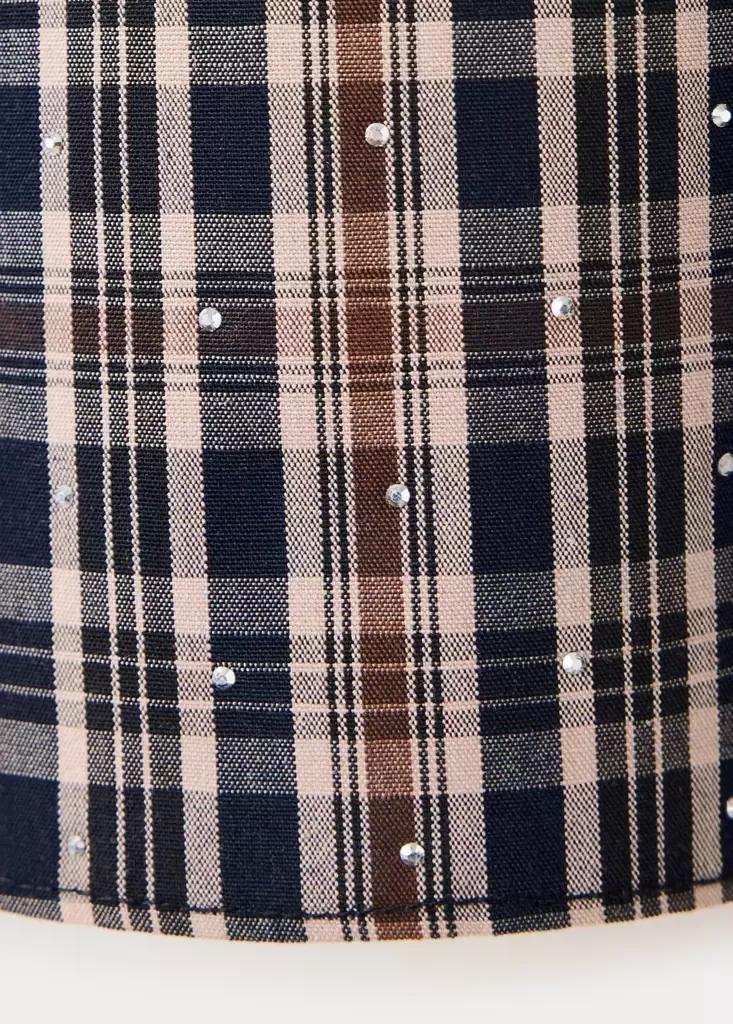 Brown Checked Blouse With Rhinestones, Brown, large image number 6