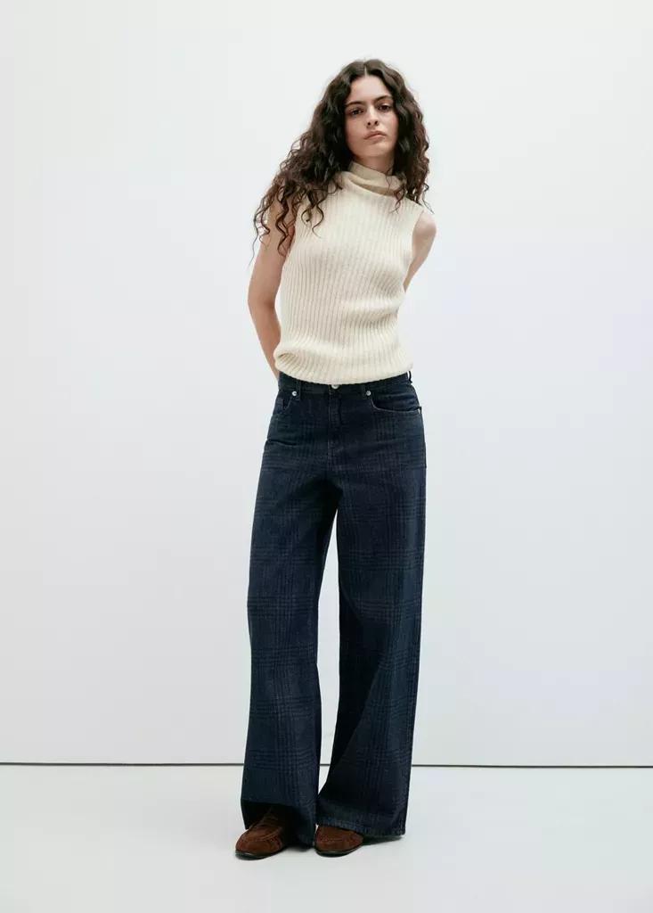 Blue Wide-Leg Checked Jeans, Open Blue, large image number 0