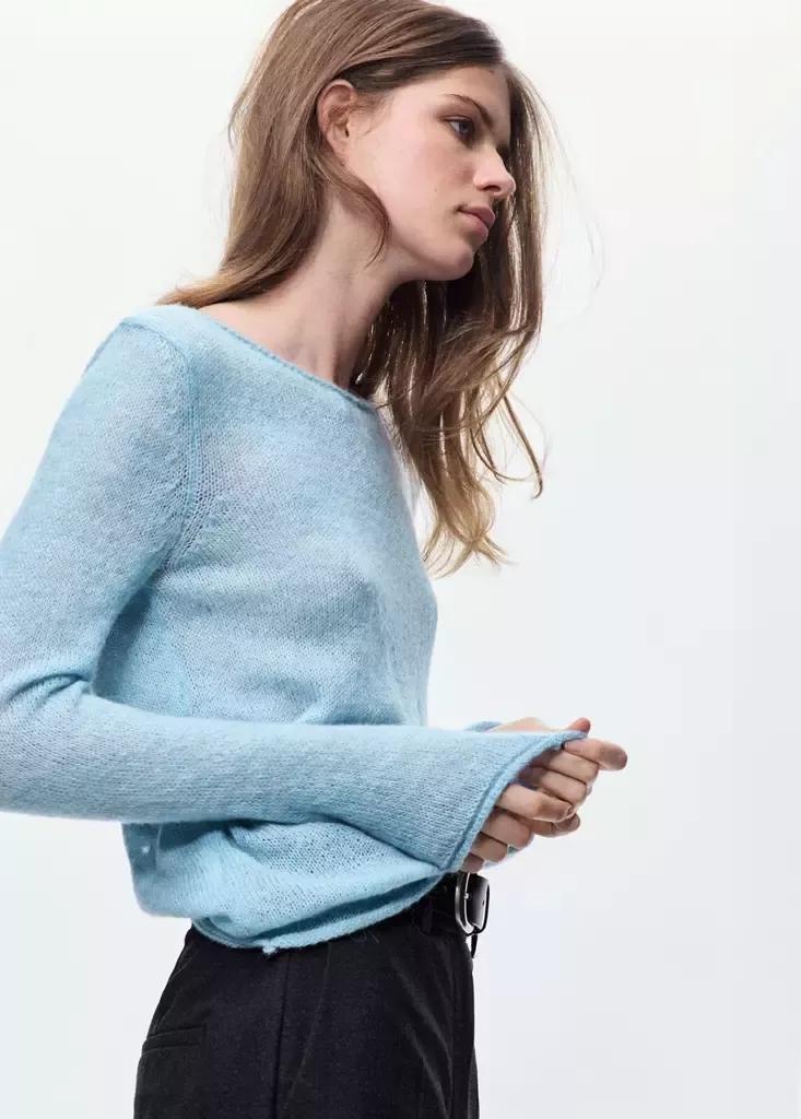 Blue Boat Neck Jersey With Scarf Detail, Light-Pastel Blue, large image number 1