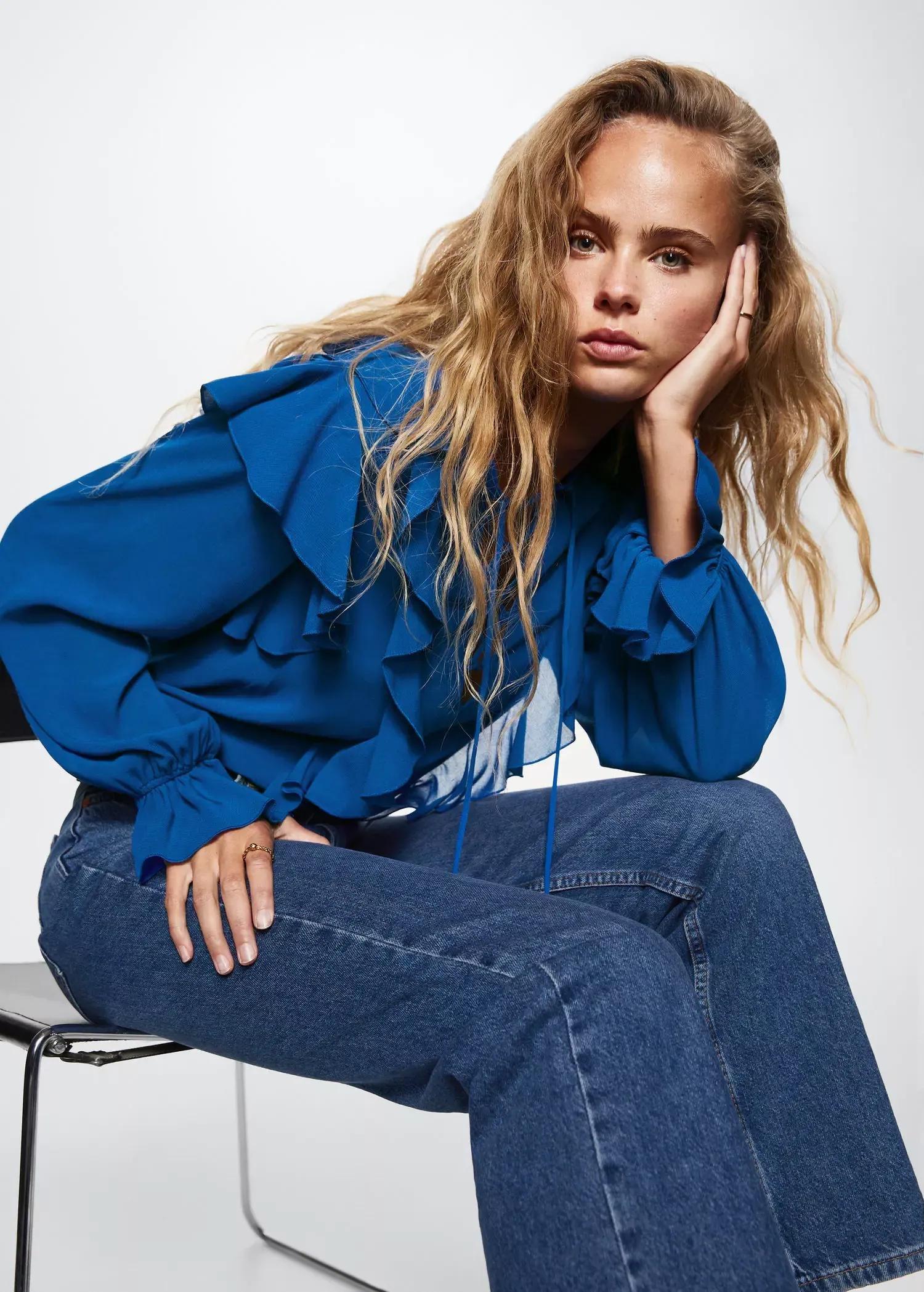 Blue Ruffle Blouse With Laces, , large image number 1