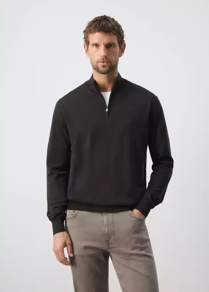 Brown Merino Wool Sweater With Zip-Neck, Dark Brown, medium