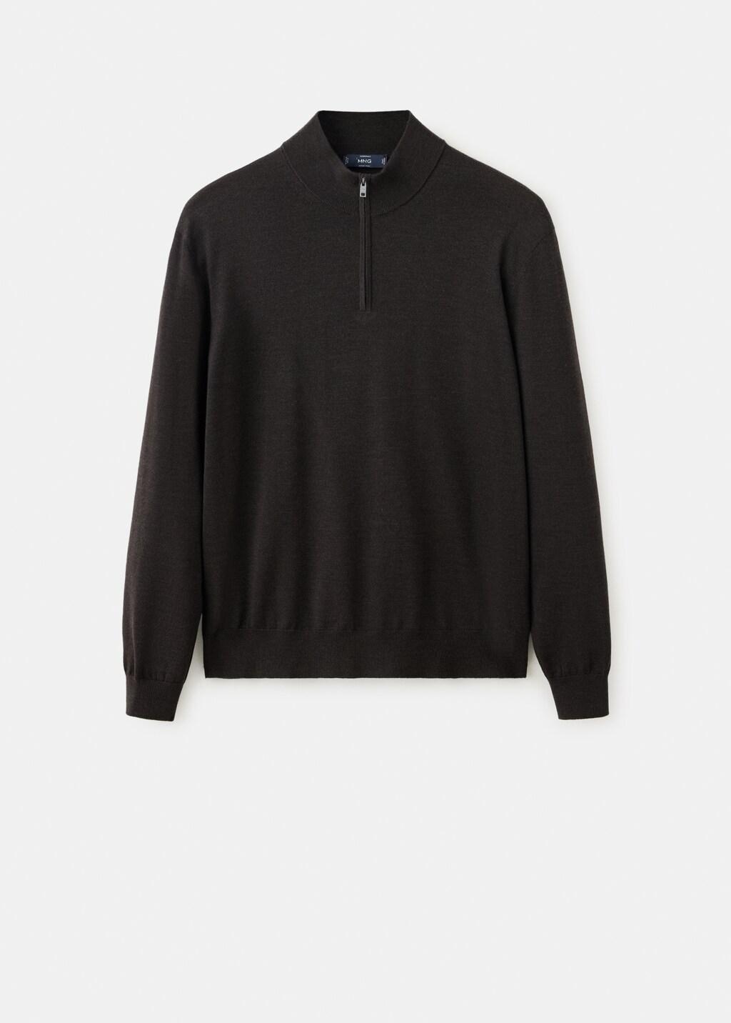 Brown Merino Wool Sweater With Zip-Neck, Dark Brown, large image number 5