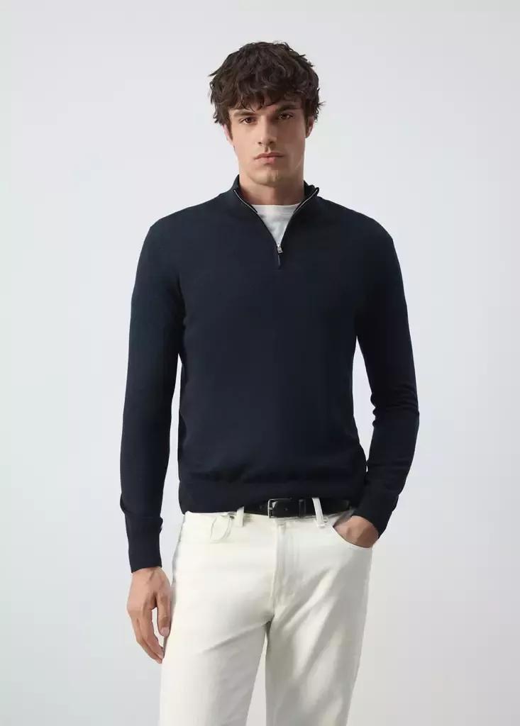 Navy 100% Merino Wool Sweater With Zip-Neck, Navy, large image number 1
