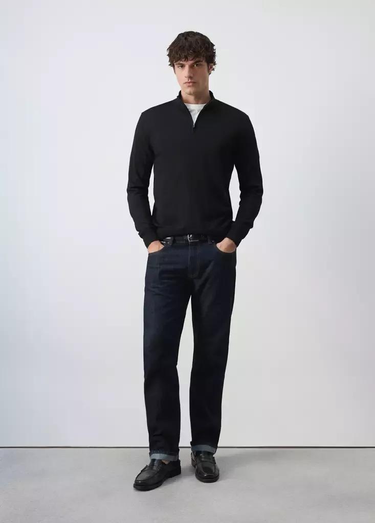 Black Merino Wool Sweater With Zip-Neck, Black, medium