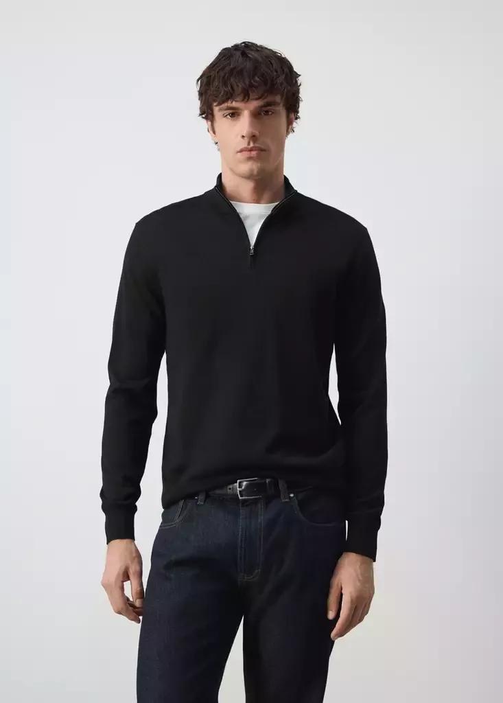 Black Merino Wool Sweater With Zip-Neck, Black, medium