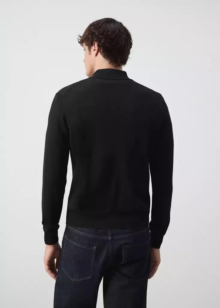 Black Merino Wool Sweater With Zip-Neck, Black, medium
