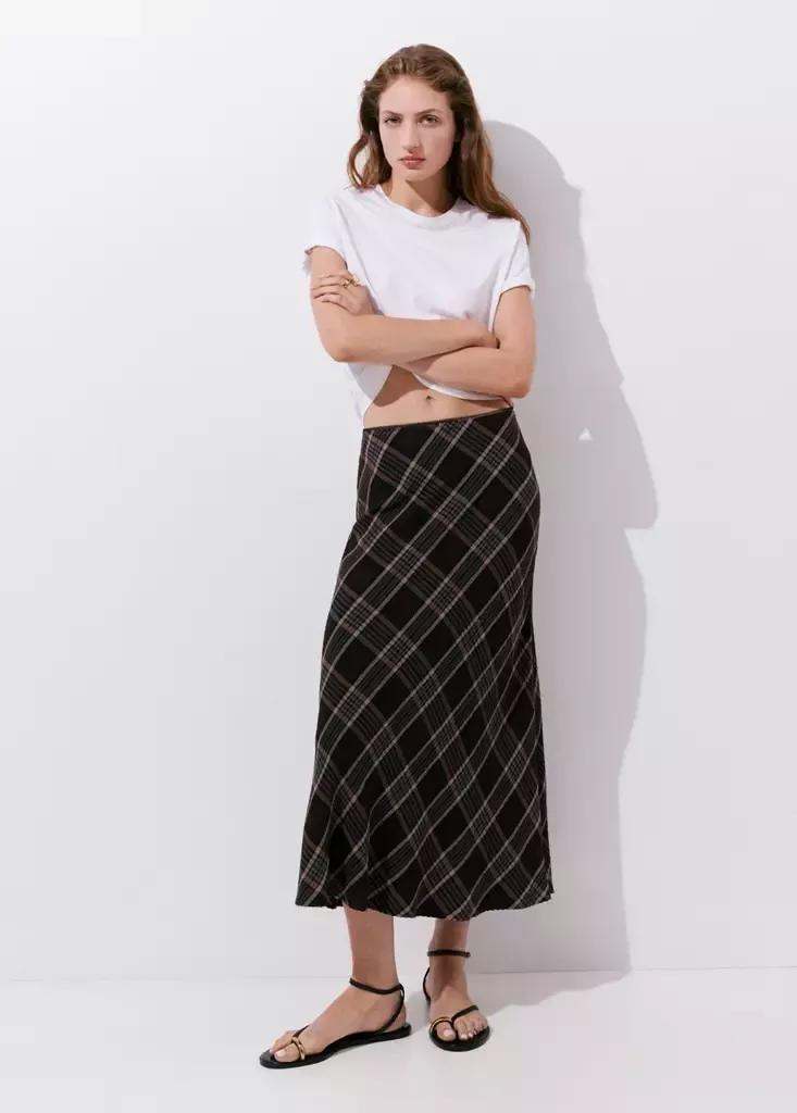 Brown Checked Midi Skirt, Brown, medium
