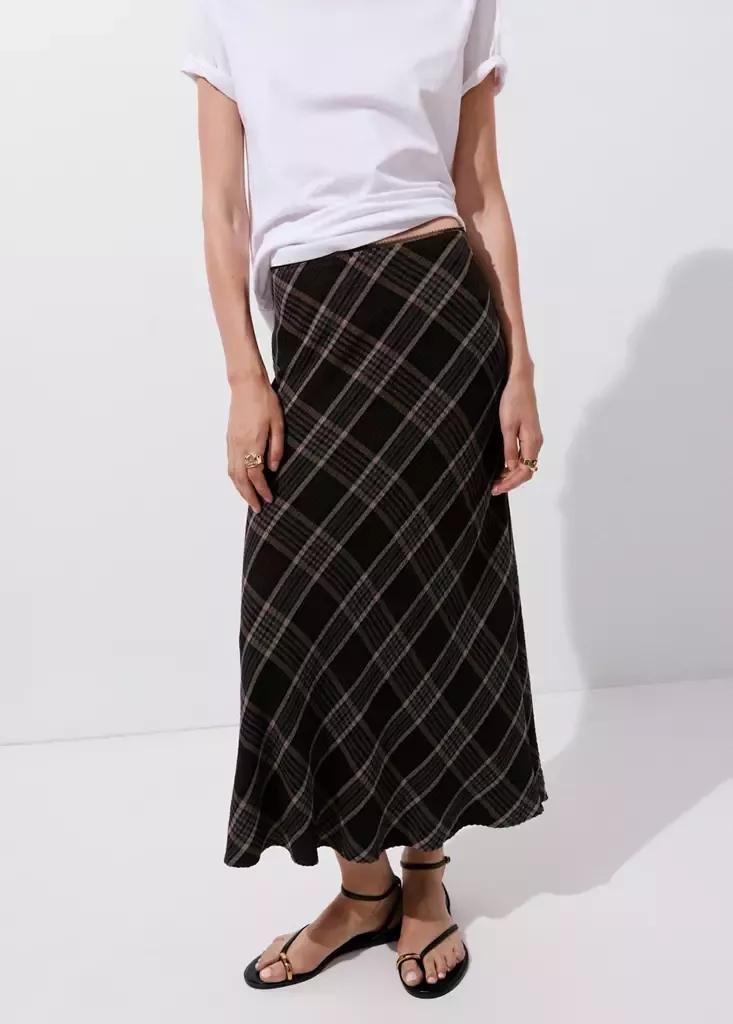 Brown Checked Midi Skirt, Brown, large image number 1
