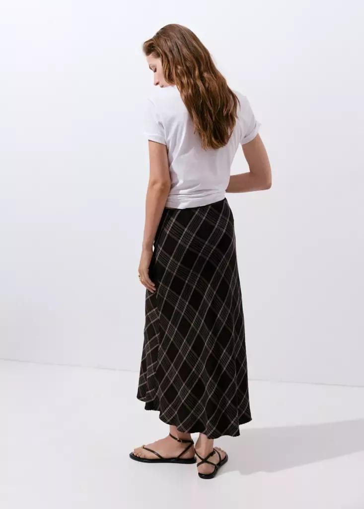 Brown Checked Midi Skirt, Brown, medium