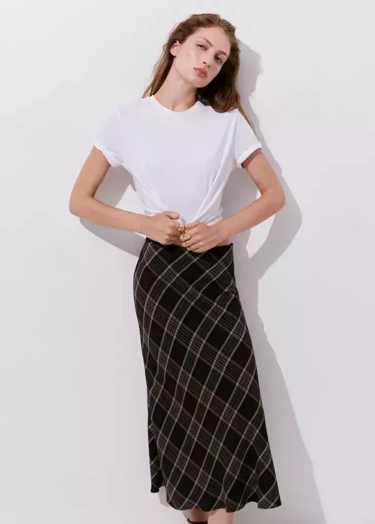 Brown Checked Midi Skirt, Brown, large image number 3