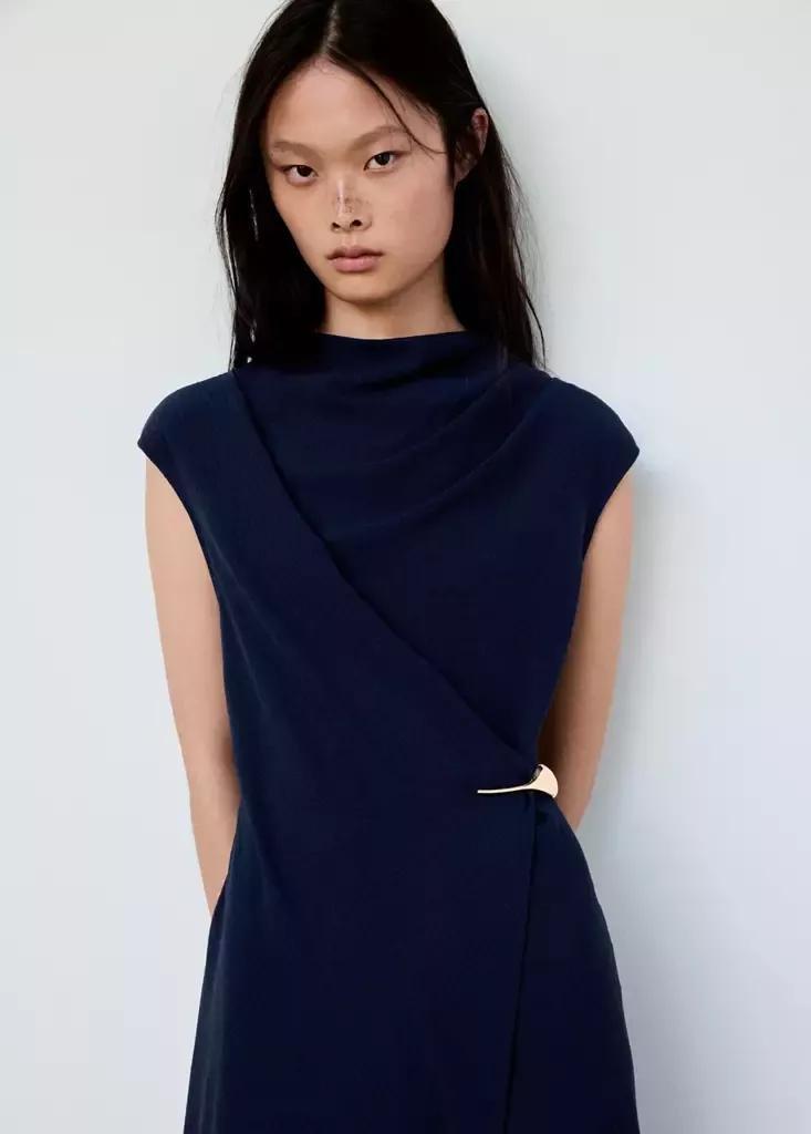Blue Draped Dress With Jewel Detail, , medium