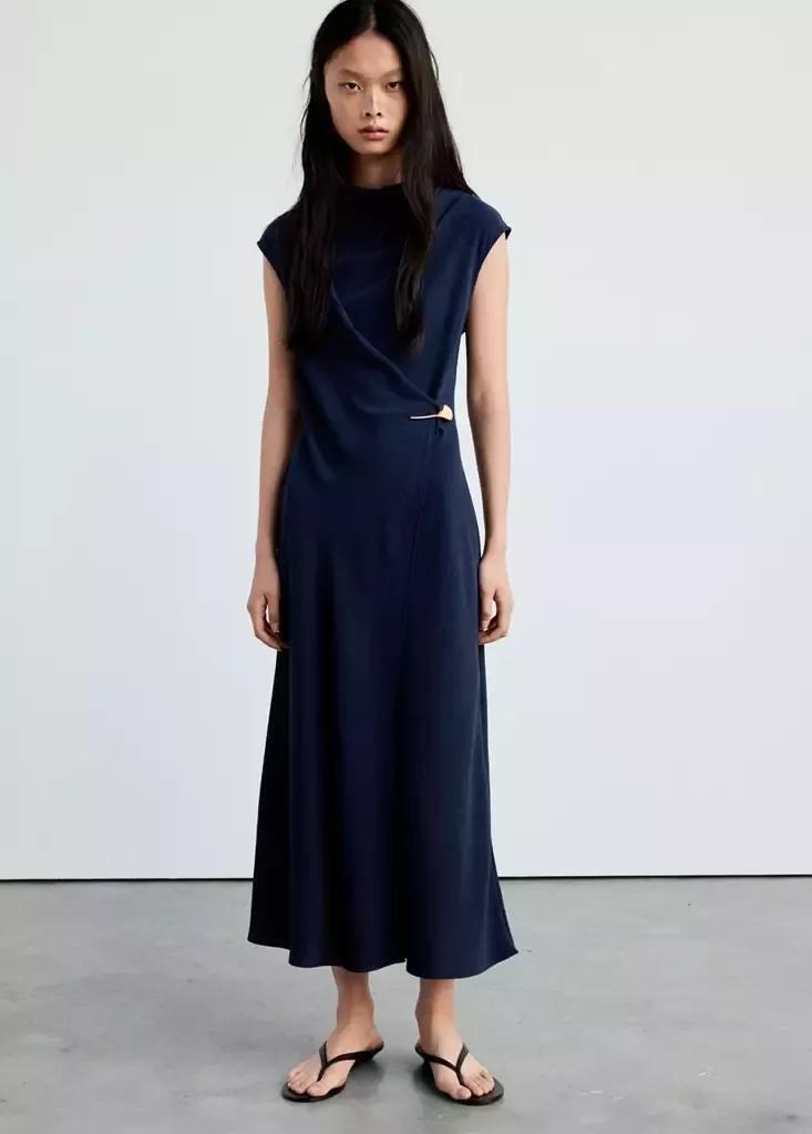 Blue Draped Dress With Jewel Detail, , large image number 4