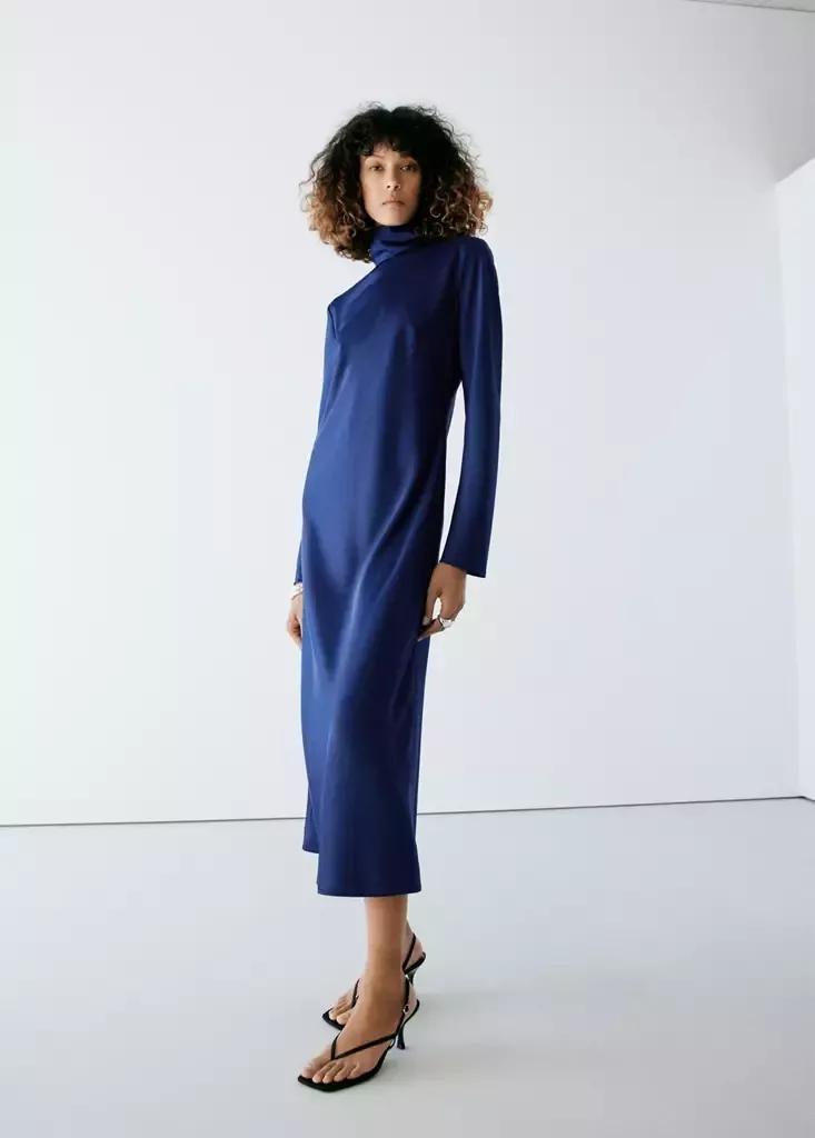 Blue Satin High-Neck Dress, Dark Blue, large image number 0