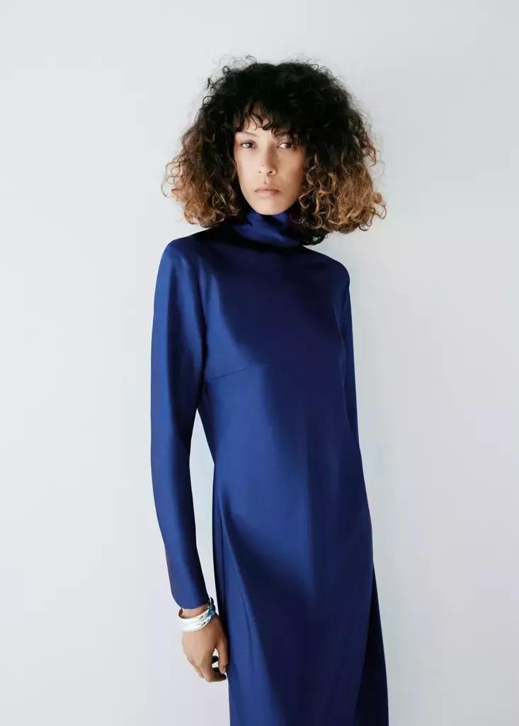 Blue Satin High-Neck Dress, Dark Blue, medium