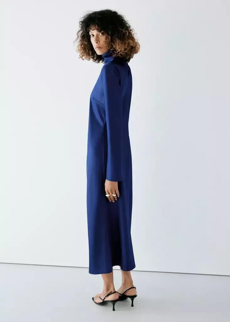 Blue Satin High-Neck Dress, Dark Blue, large image number 2