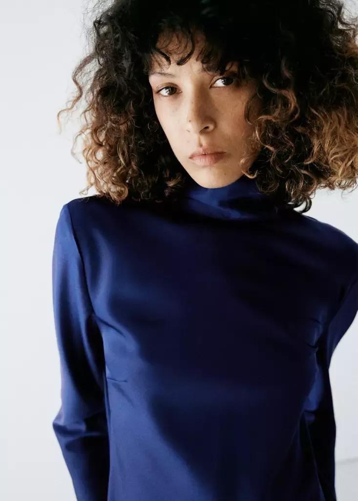 Blue Satin High-Neck Dress, Dark Blue, large image number 3