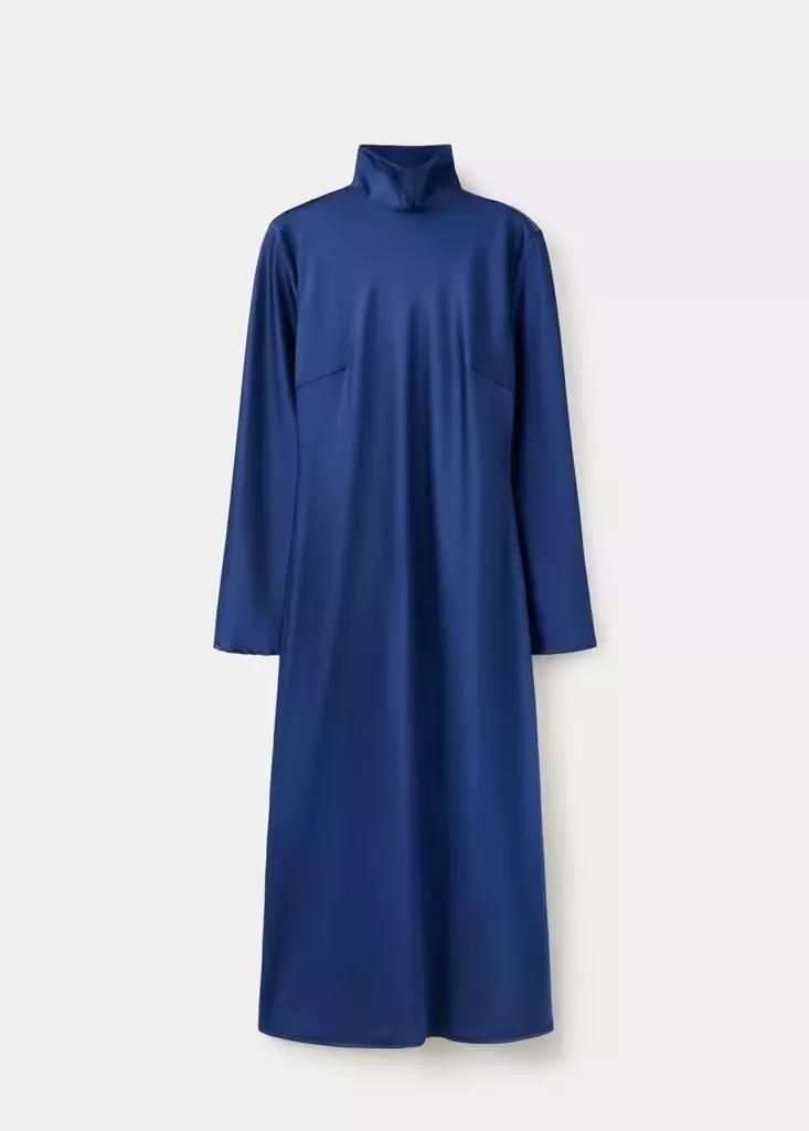 Blue Satin High-Neck Dress, Dark Blue, large image number 4