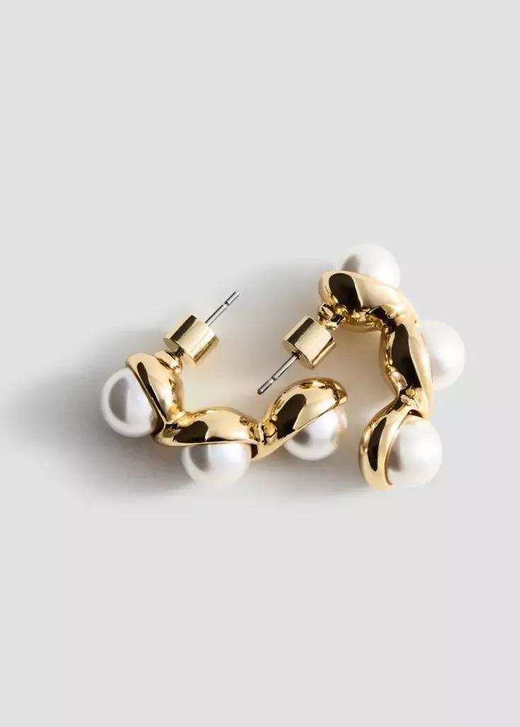 Gold Braided Pearl Earrings, Gold, large image number 2