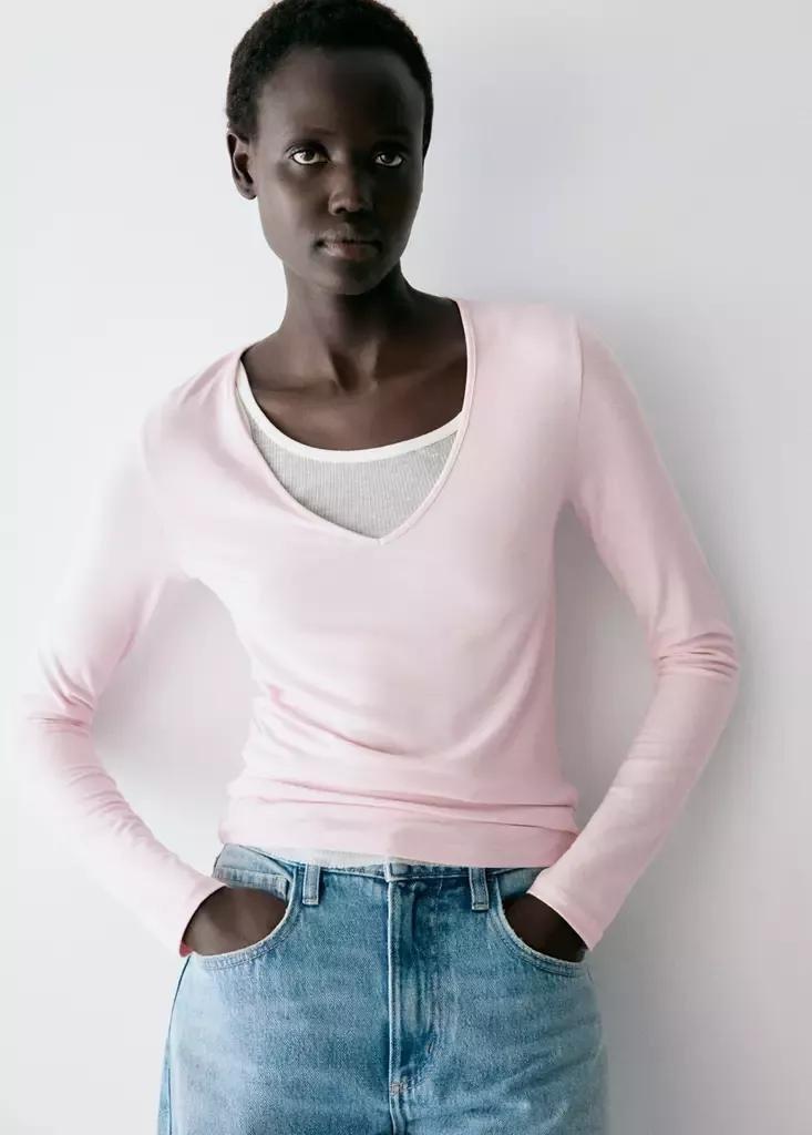 Pink Fitted V-Neck T-Shirt, Pink, large image number 1
