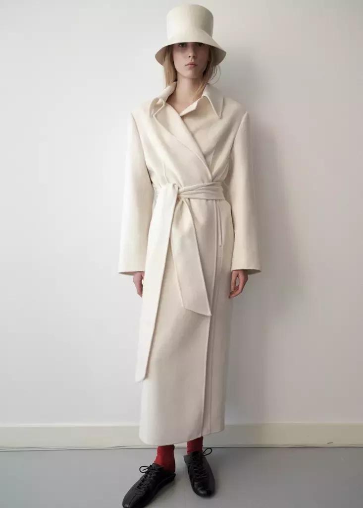 White Woollen Coat With Belt, Natural White, large image number 0