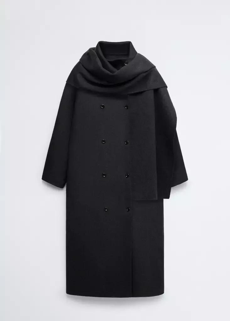 Grey Wool Coat With Detachable Scarf, Dark Grey, large image number 4