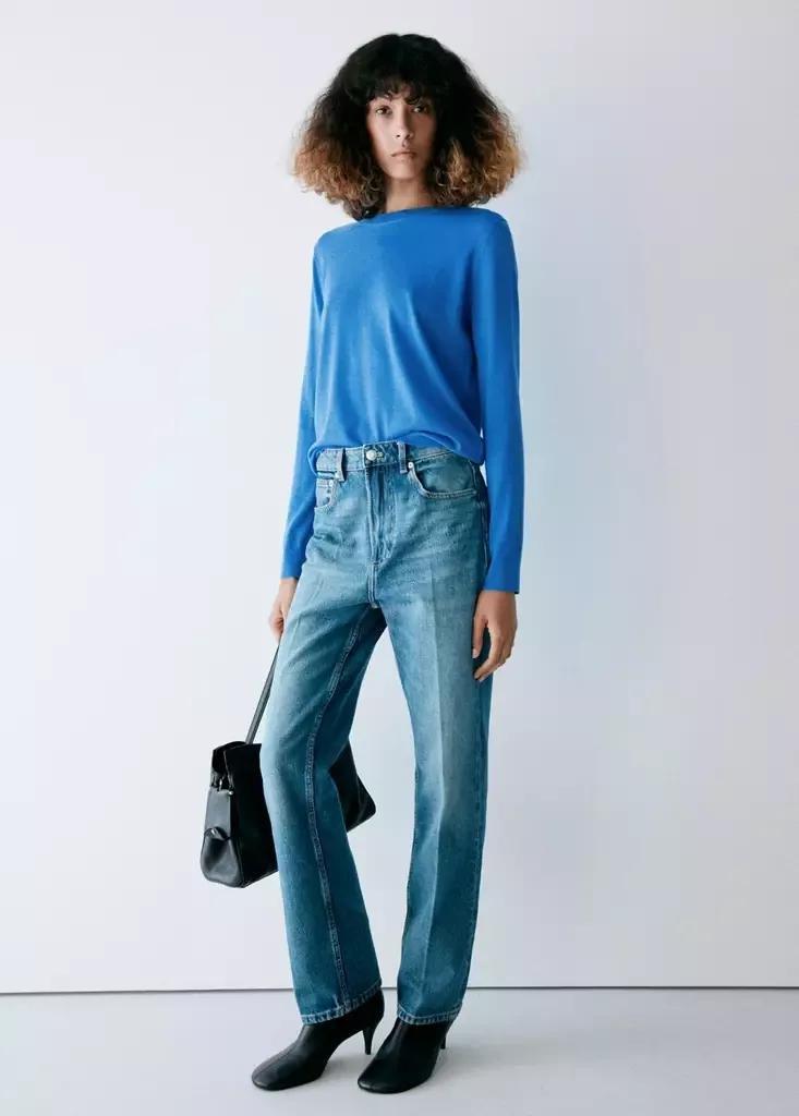 Blue Round-Neck Knitted Sweater, Bright Blue, medium