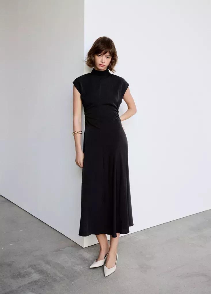 Black Gathered Funnel Neck Dress, Black, large image number 0
