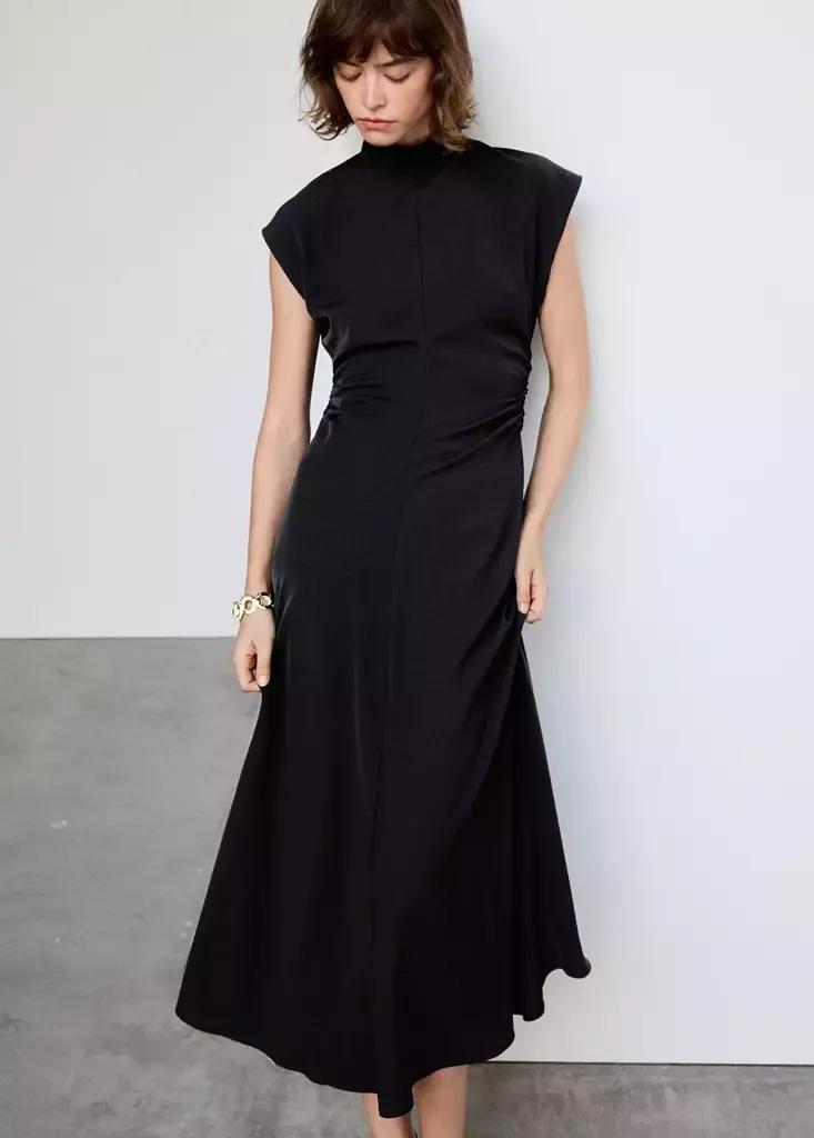 Black Gathered Funnel Neck Dress, Black, medium