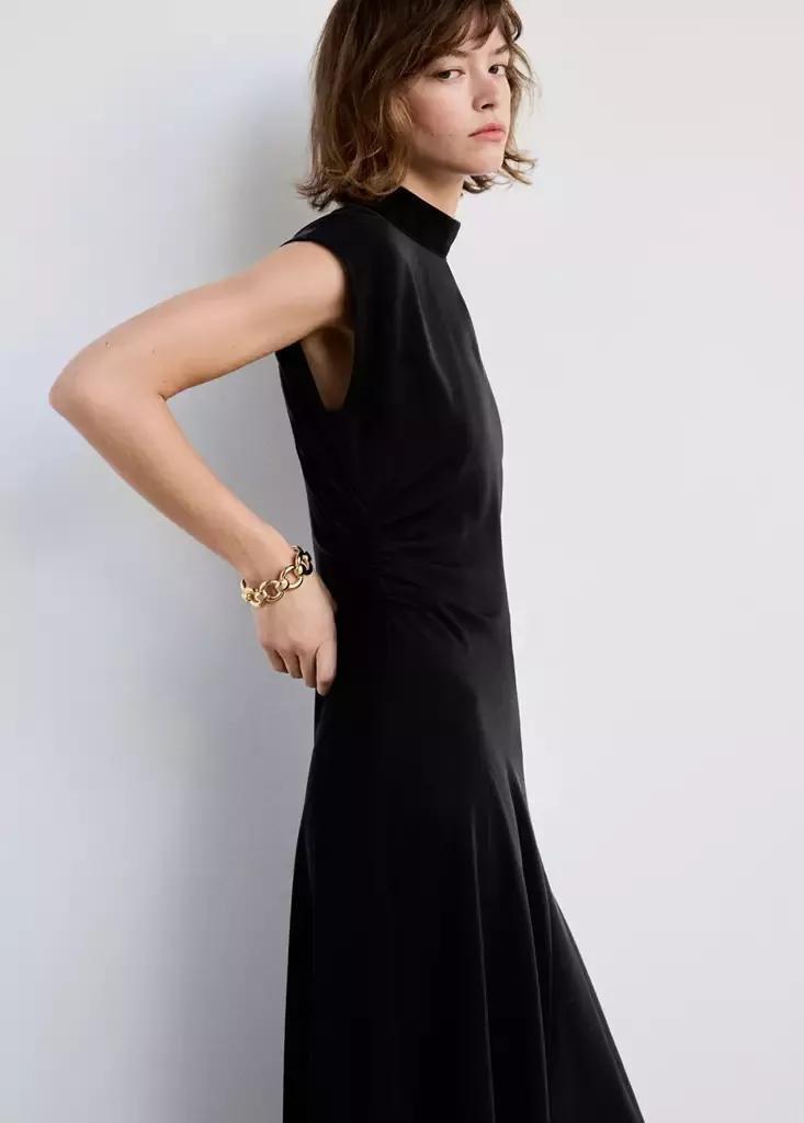 Black Gathered Funnel Neck Dress, Black, large image number 3
