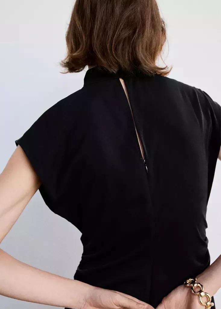 Black Gathered Funnel Neck Dress, Black, large image number 4