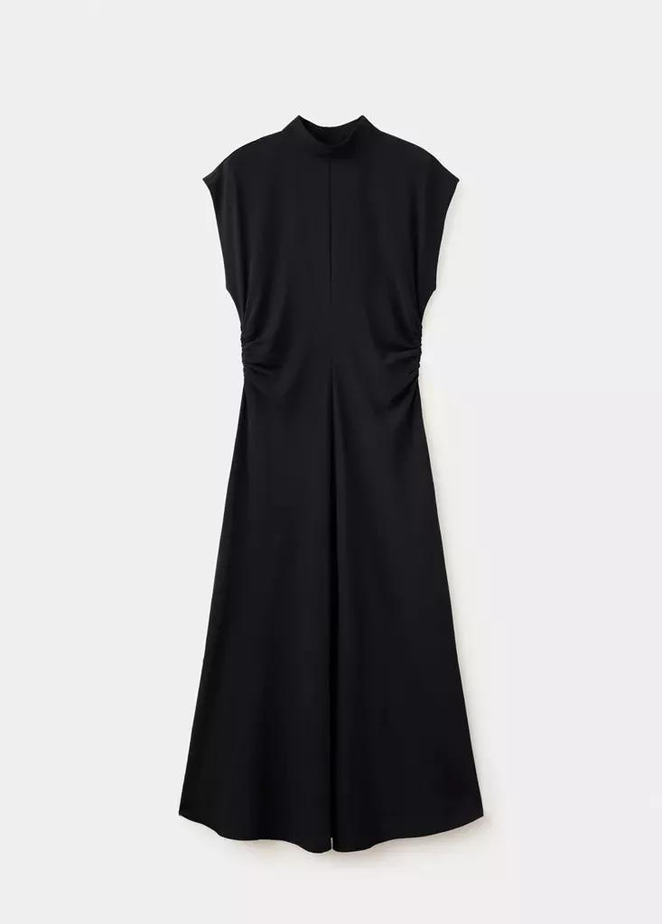 Black Gathered Funnel Neck Dress, Black, large image number 5