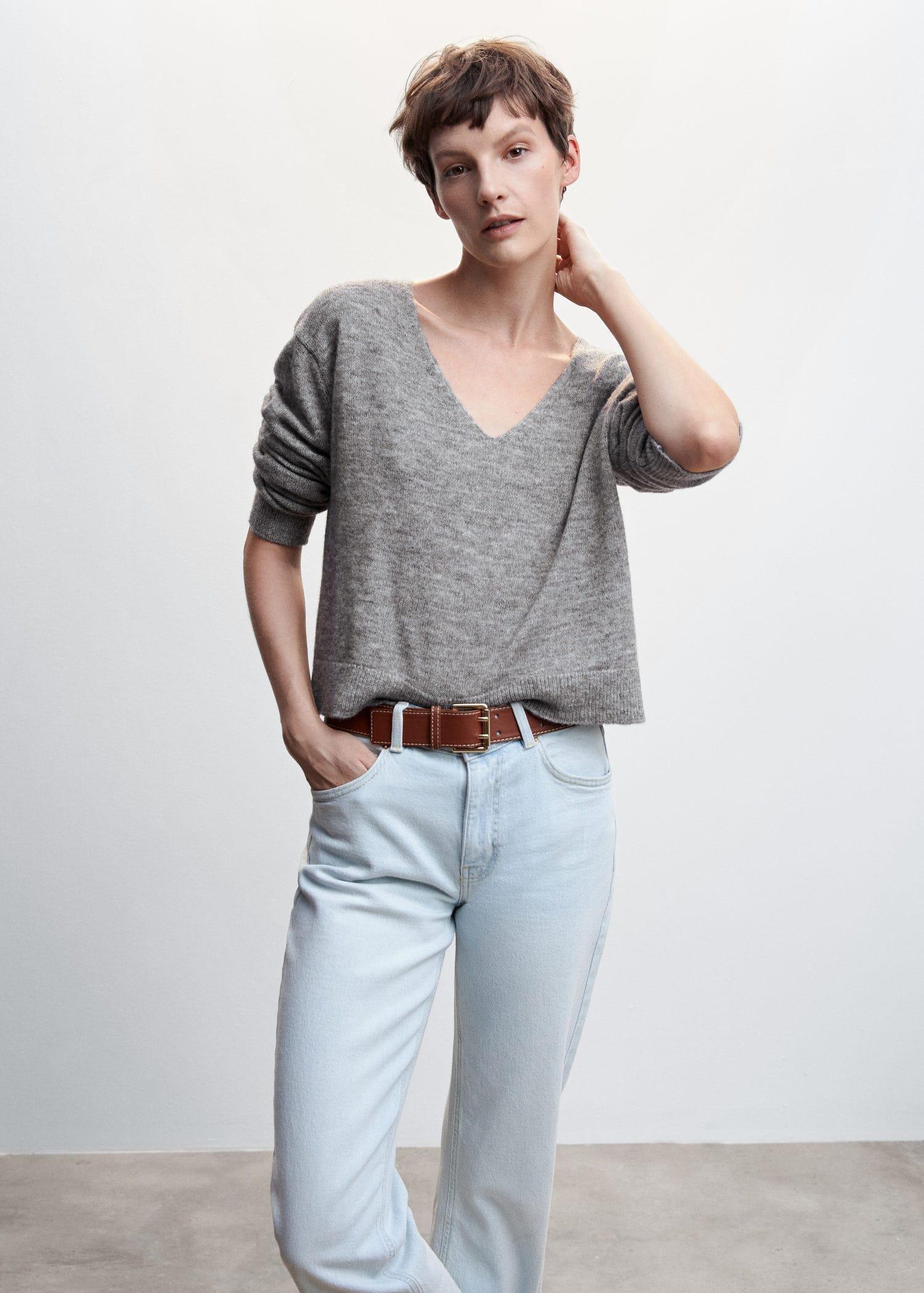 Grey V-Neck Knit Sweater, , large image number 0