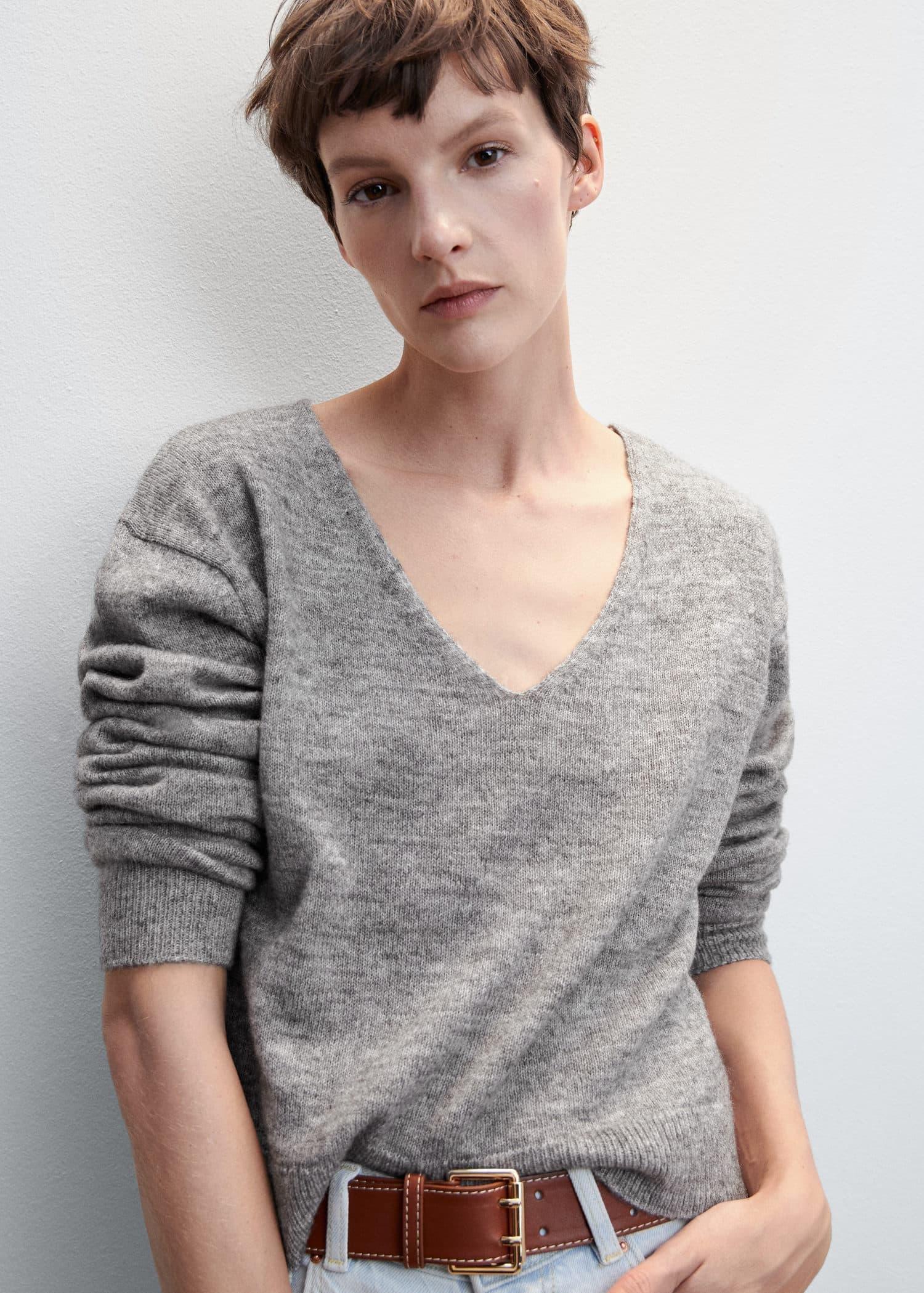 Grey V-Neck Knit Sweater, , large image number 1