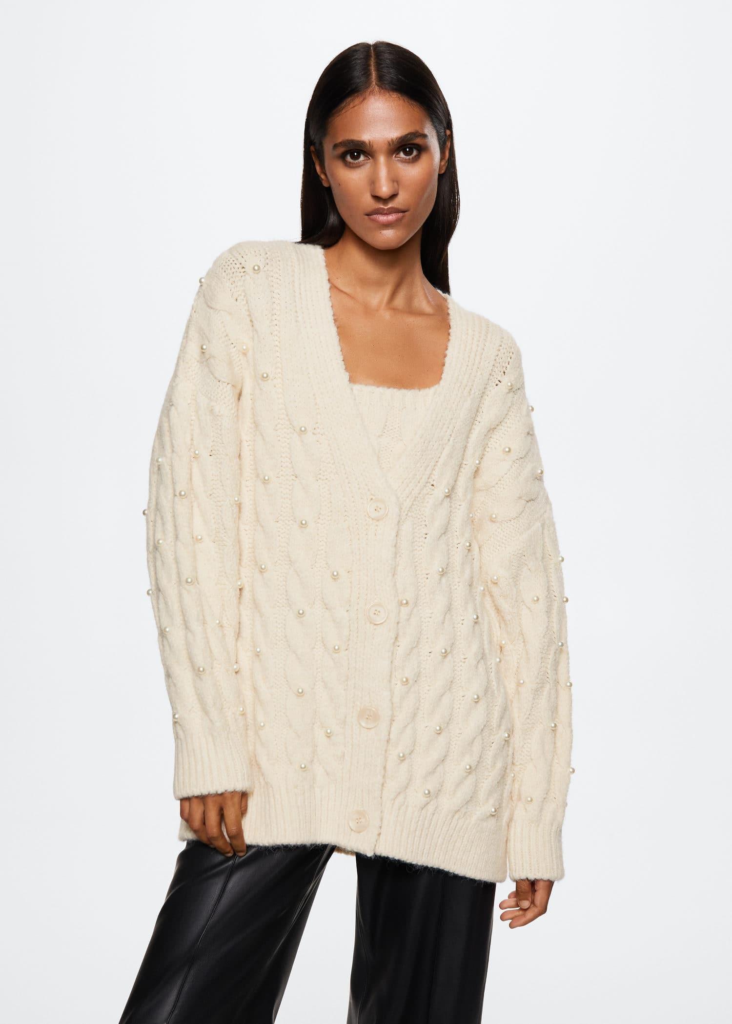 Beige Pearls Knitted Cardigan, , large image number 0