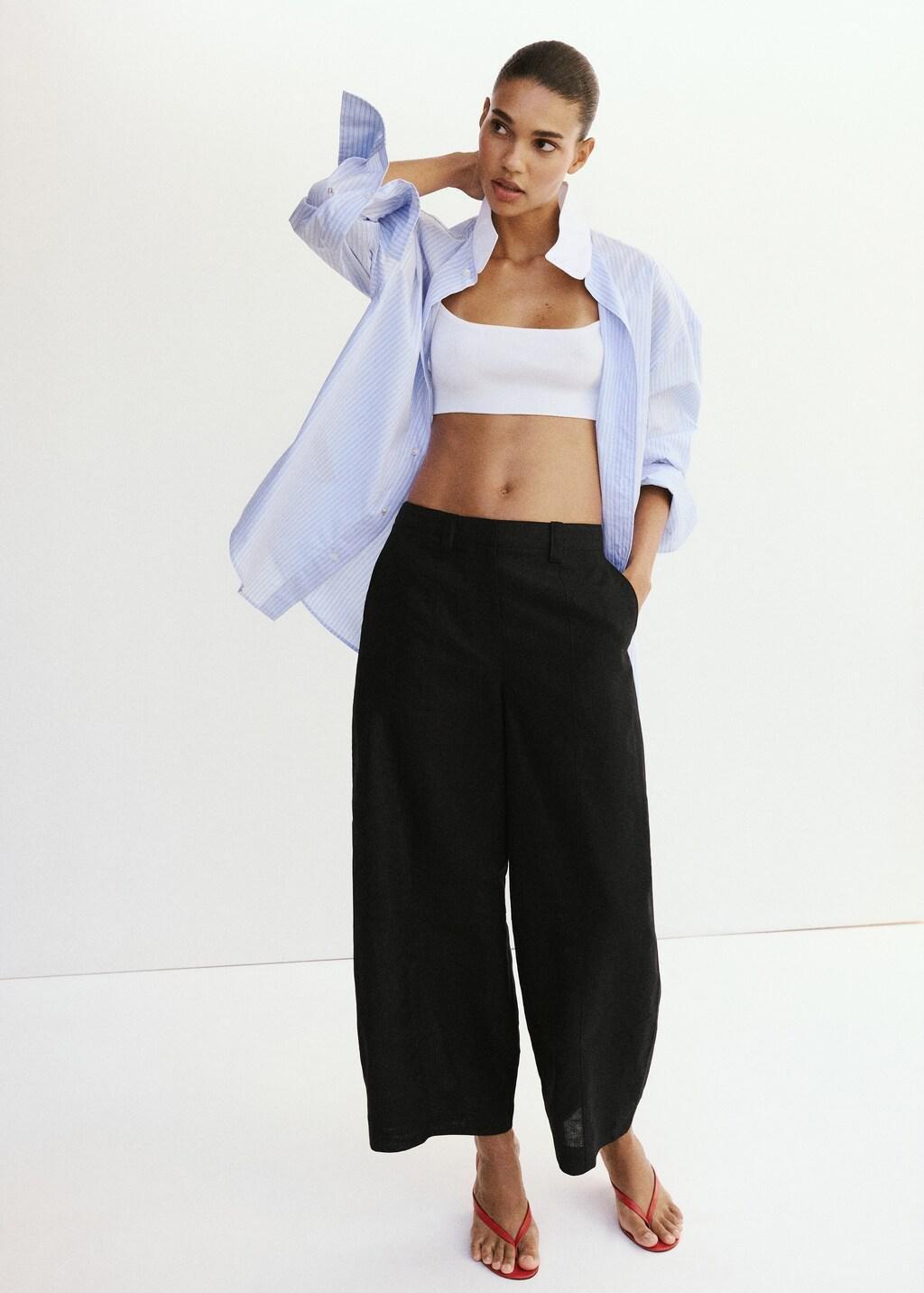 Black Linen Balloon Trousers, Black, large image number 0