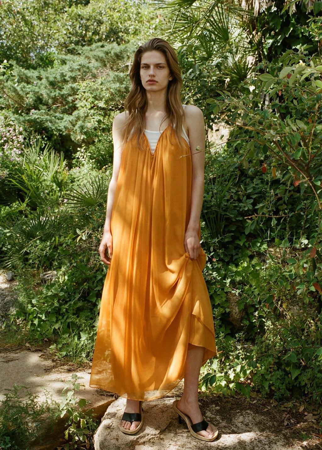 Orange Chiffon V-Neck Dress, Orange, large image number 0