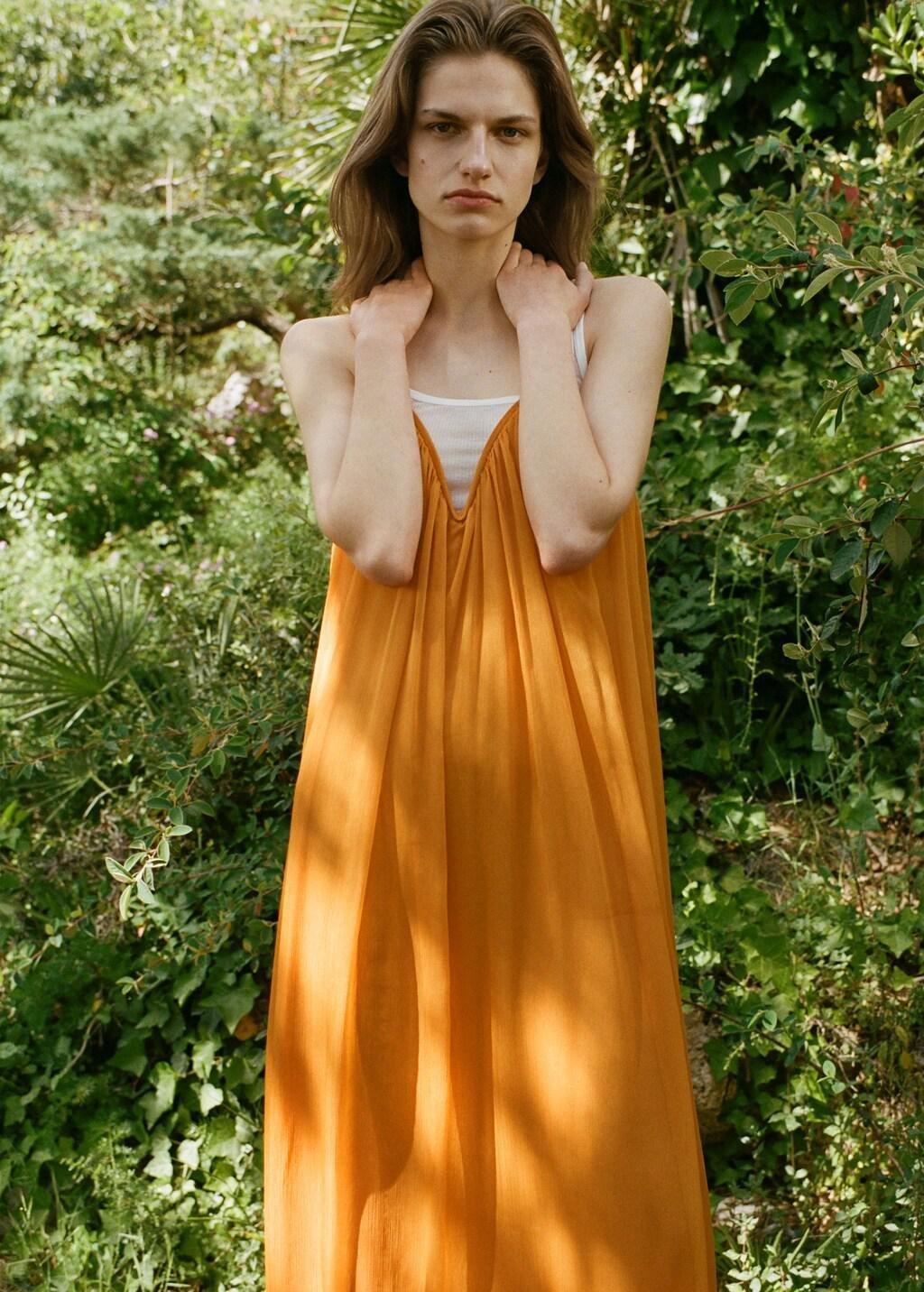 Orange Chiffon V-Neck Dress, Orange, large image number 3