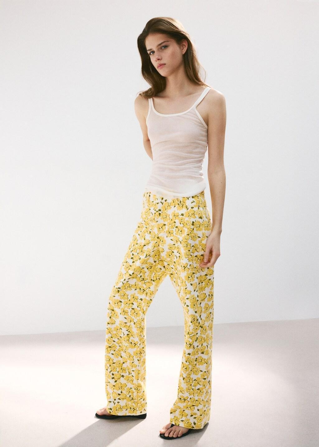 Yellow Straight-Leg Jeans With Floral Pattern, Yellow, large image number 0