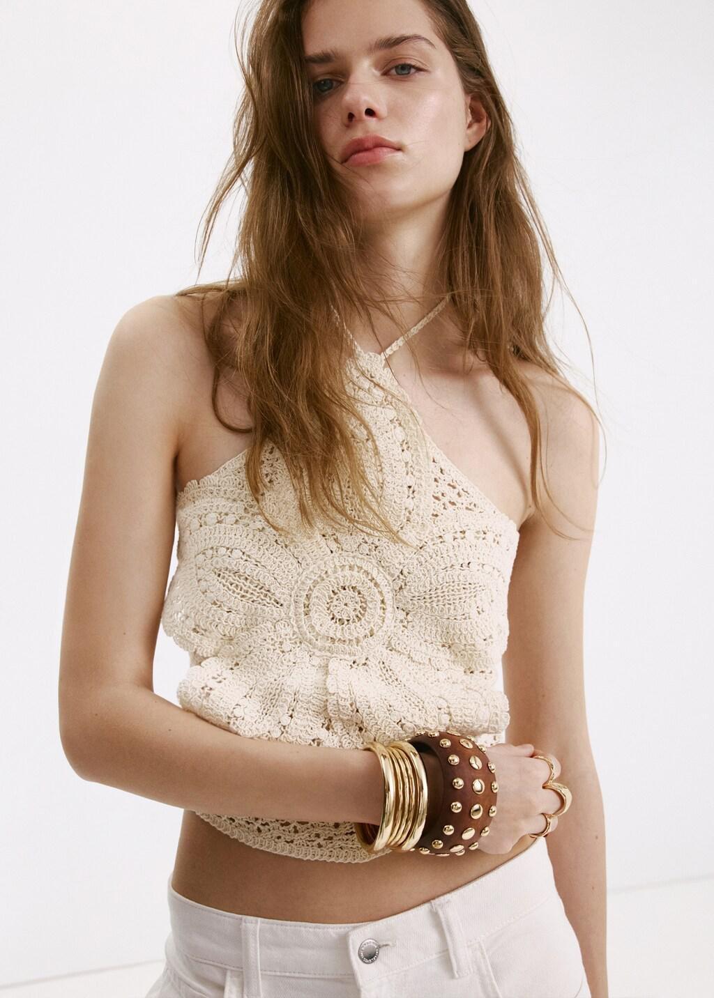 Beige Crochet Floral Top, Light Beige, large image number 3