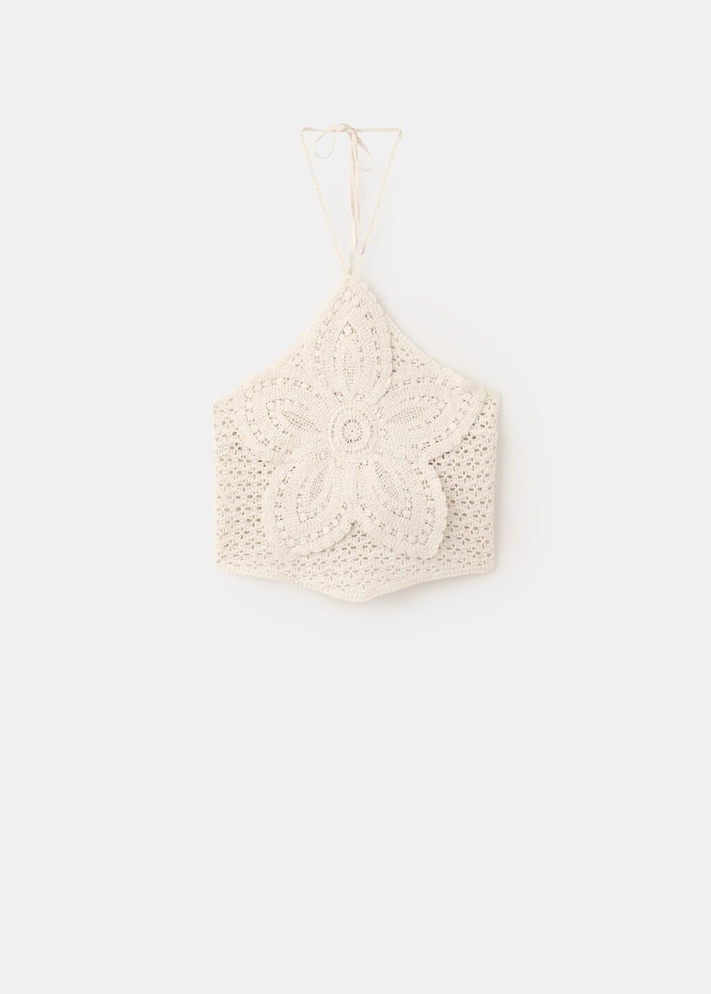 Beige Crochet Floral Top, Light Beige, large image number 7